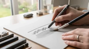 A close-up, naturally lit 4K photograph of an artist's hand with a wedding ring, using a damp brush to activate dry water-soluble graphite stick marks on textured paper, transforming them into a transparent grey tonal wash. A set of solid graphite sticks is organised in the soft-focus foreground on the wooden desk, next to a clean glass of water.