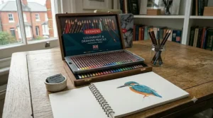 Water-soluble artist pencil sets alongside a wet paintbrush and a blended wash of colour on watercolour paper.
