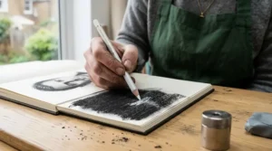 Artist using a white charcoal pencil to add bright highlights and details onto black sketching paper.