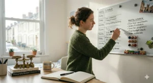 A medium-sized whiteboard installed directly above a study desk, ideal for GCSE or university revision scheduling.