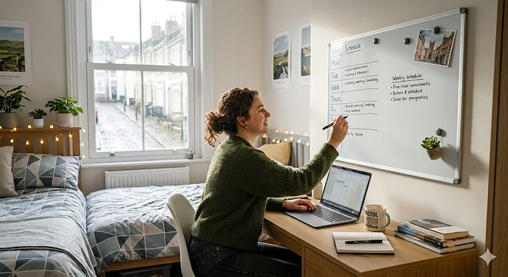 A wall-mounted magnetic whiteboard sized perfectly for a small bedroom, helping students and professionals stay organised in a compact UK home office. whiteboard size for small bedroom