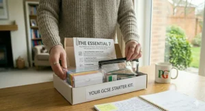 Close-up of a presentation tray labeled 'YOUR GCSE STARTER KIT' being packed with revision materials.