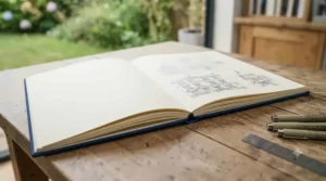 An open, hardback A4 sketchbook resting on a wooden desk, displaying detailed architectural ink sketches.