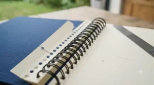 A spiral-bound A4 sketchbook showing perforated page edges for easy removal on a desk surface.