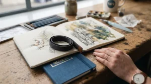 A compact, portable A5 sketchbook for artists being used for urban sketching in a city park.