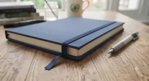 Detail shot of the elastic closure and ribbon bookmark on a premium A5 sketchbook.