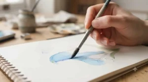 Using a wet paintbrush to blend and activate watercolour pencils on paper.