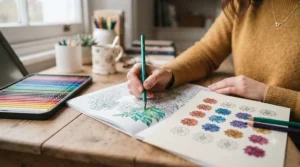 Close-up of an adult colouring book page with a hand testing vibrant watercolour pencil swatches.