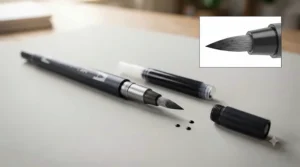 Close-up diagram illustrating the flexible nylon tip and barrel components of a brush pen for lettering, highlighting pressure control.