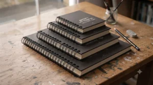 A selection of graphite pencils, pens, and charcoal tools arranged neatly next to a spiral-bound sketchbook on a clean studio surface.