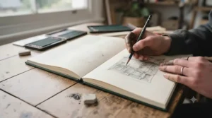 A detailed view of an artist’s hand sketching a building in a hardback sketchbook, highlighting the paper’s tooth and pencil detail.