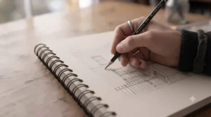 A close-up of a hand sketching in a spiral-bound notebook, emphasising the comfort of working on a lay-flat surface.