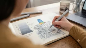 An artist using Copic pens to add professional detail to a sketchbook page.
