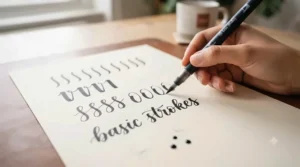 Hand practising thin upstrokes and thick downstrokes on grid paper using a black brush pen for lettering.