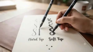 A focused view of a hand using a black brush pen to practise thick downstrokes and thin upstrokes on cream-coloured practice paper, showing the 'basic strokes' title and ink droplets.