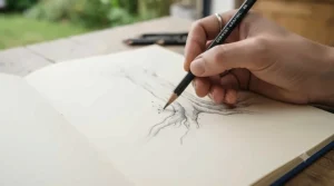 A close-up of an artist using a graphite pencil to sketch tree roots in a professional A4 sketchbook.