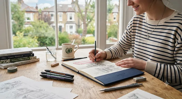 A professional artist’s desk showcasing the best A5 sketchbook with high-quality paper, surrounded by graphite pencils and fine liners. best A5 sketchbook