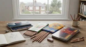 A selection of budget-friendly colouring pencils under £20 spread across a desk.