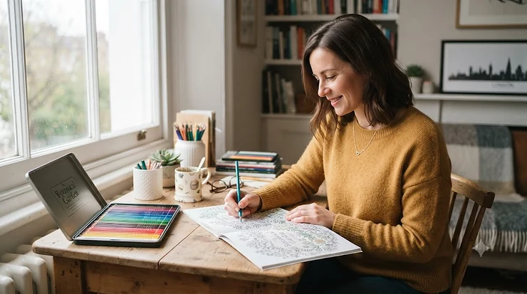 Flat lay of professional colouring pencils for adults arranged in a colourful rainbow spectrum on a white desk. colouring pencils for adults
