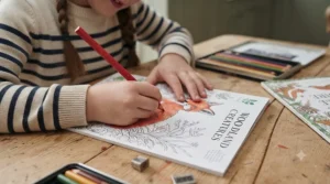 Close-up of children's hands holding thick triangular colouring pencils while drawing in a sketchpad.
