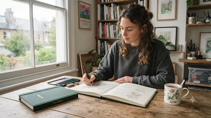 A professional artist working in a bright studio, using a high-quality hardback sketchbook on a wooden table with natural British window lighting. best hardback sketchbook
