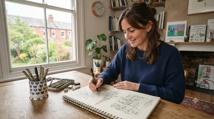 A selection of professional micro pens for drawing laid out on a sketchbook, ideal for detailed illustration and fine art. micro pens for drawing