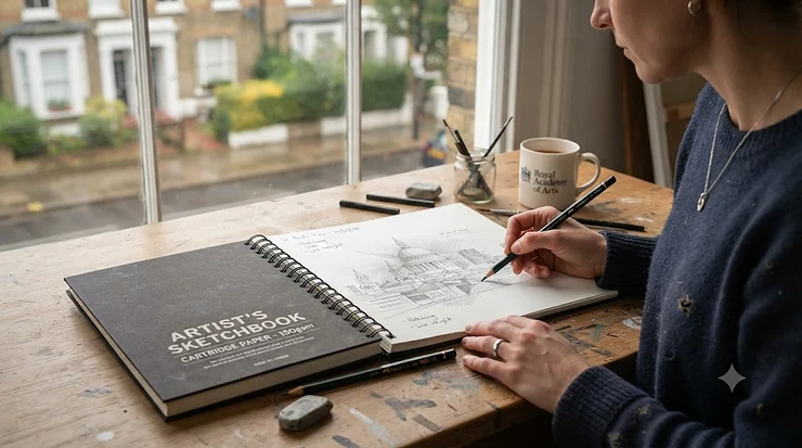 A professional artist’s desk featuring the best spiral sketchbook open, showcasing high-quality cartridge paper and a premium black cover. best spiral sketchbook