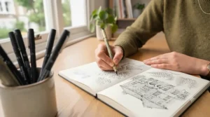 Artist testing the brush-tip flexibility of the best illustration pens on a sketchbook.
