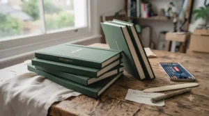 A stylish stack of green hardback sketchbooks on a wooden desk, representing a complete studio collection for artists.