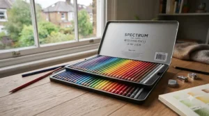 An open metal tin containing a full rainbow set of colouring pencils under £20.