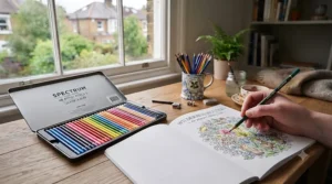 Someone using affordable colouring pencils under £20 to colour an intricate mandala design.