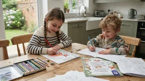 A vibrant collection of assorted colouring pencils spread across a wooden desk, perfect for kids' arts and crafts activities.