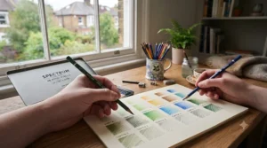 Hand drawing colour swatches with affordable colouring pencils under £20 on textured paper.