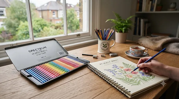 A colourful flat-lay arrangement of high-quality colouring pencils under £20, ideal for UK artists and students. colouring pencils under £20