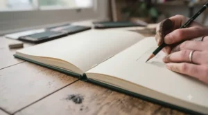 An artist’s hand using a graphite pencil in an open hardback sketchbook, capturing the tactile experience of drawing in a compact book.