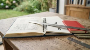 A side-by-side scale comparison showing an A4 sketchbook next to an A5 notebook with a metal ruler on a desk.