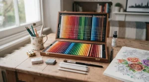 A complete set of colouring pencils displayed alongside a pencil sharpener, eraser, and blending stump.