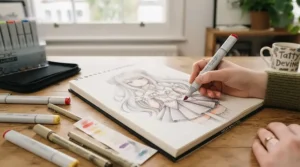 Detailed anime character sketch coloured in vibrant tones using a beginner-friendly Copic markers starter set.