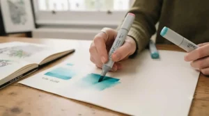Artist demonstrating smooth colour graduation and blending techniques using dual-ended markers from a beginner set.