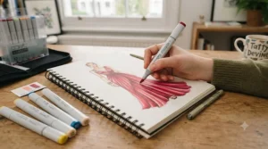 Fashion design croquis illustrated and shaded with pastel hues from a professional Copic markers starter set.
