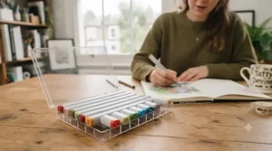 Transparent plastic storage case containing an unopened Copic markers starter set, ready for UK delivery.