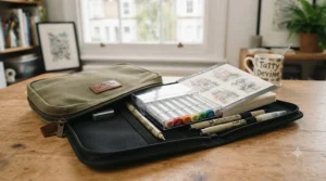 A compact art kit featuring a Copic markers starter set, fine liners, and a sketchbook packed for sketching on the go.