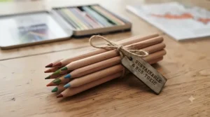 Sustainably sourced wooden colouring pencils bundled with twine, representing eco-friendly art supplies.