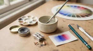 Essential accessories and tools needed to start painting with watercolour pencils.