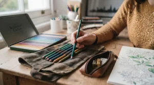 Sharpened pencil tip creating delicate hatching and shading on a botanical illustration.