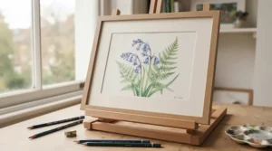 Finished beginner landscape painting created entirely with watercolour pencils.