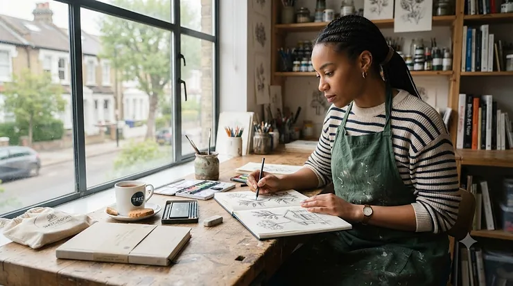 An artist carefully sketching in a high-quality, hardcover sketchbook, showcasing a professional range of sketchbooks for artists. sketchbooks for artists