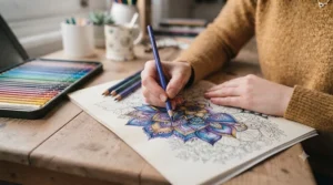 An intricate mindfulness colouring book page for adults partially filled with rich, pigmented pencil shades.