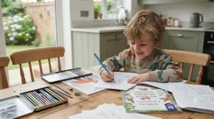 A young boy sitting at a kitchen table happily colouring in a picture book with vibrant pencils.