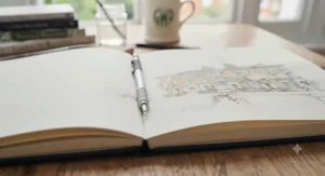 A view of an A5 sketchbook laying perfectly flat on a table, demonstrating the high-quality binding for comfortable drawing.